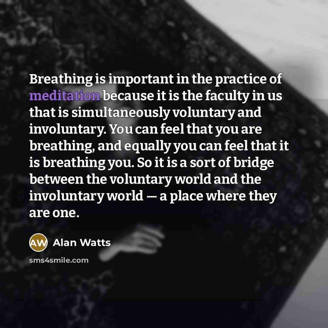 “Breathing is important in the practice of meditation because it is the faculty in us that is simultaneously voluntary and involuntary. You can feel that you are breathing, and equally you can feel that it is breathing you. So it is a sort of bridge between the voluntary world and the involuntary…” quote by Alan Watts