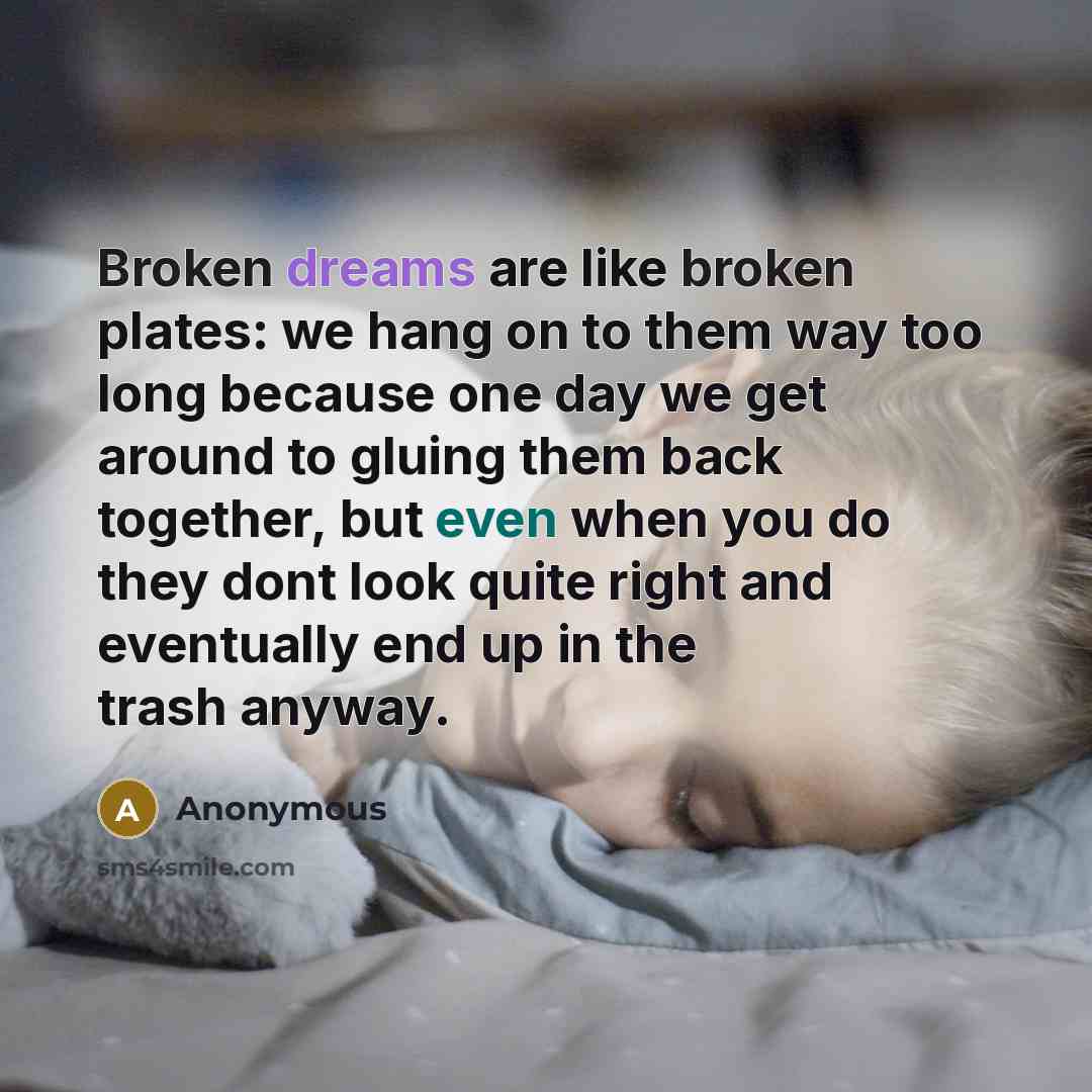 “Broken dreams are like broken plates: we hang on to them way too long because one day we get around to gluing them back together, but even when you do they dont look quite right and eventually end up in the trash anyway.” quote by Anonymous