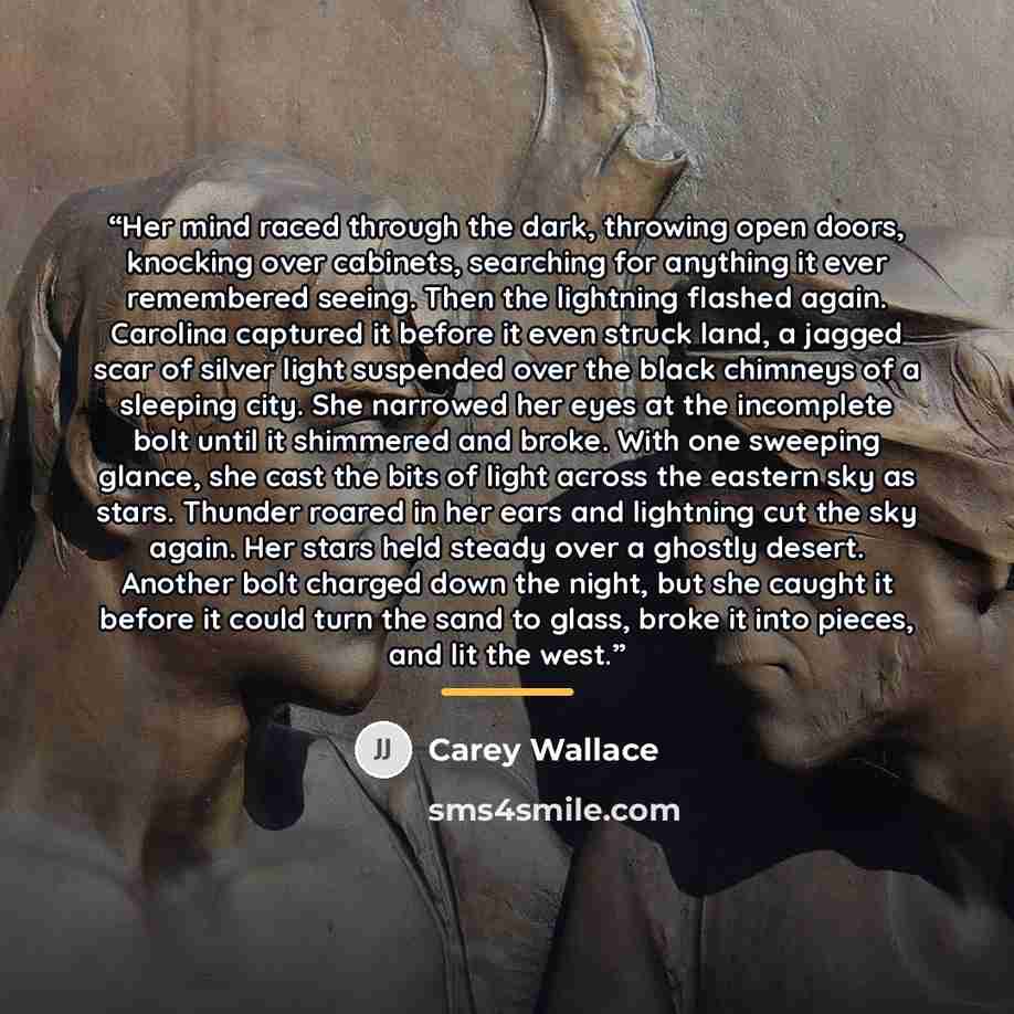 “Her mind raced through the dark, throwing open doors, knocking over cabinets, searching for anything it ever remembered seeing. Then the lightning flashed again. Carolina captured it before it even struck land, a jagged scar of silver light suspended over the black chimneys of a sleeping city. She…” quote by Carey Wallace