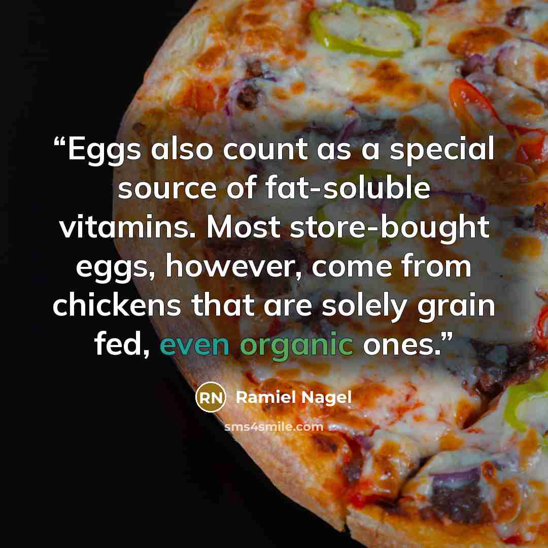 “Eggs also count as a special source of fat-soluble vitamins. Most store-bought eggs, however, come from chickens that are solely grain fed, even organic ones.” quote by Ramiel Nagel