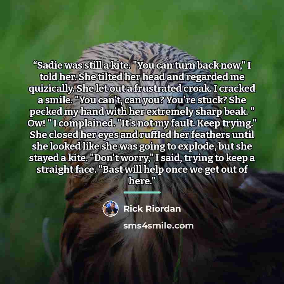 “Sadie was still a kite. "You can turn back now," I told her. She tilted her head and regarded me quizically. She let out a frustrated croak. I cracked a smile. "You can't, can you? You're stuck? She pecked my hand with her extremely sharp beak. " Ow! " I complained. "It's not my fault. Keep…” quote by Rick Riordan