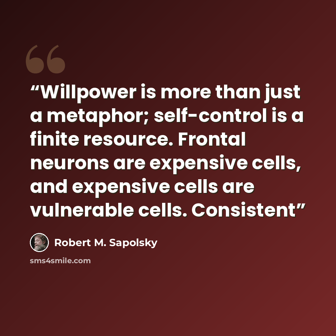 “Willpower is more than just a metaphor; self-control is a finite resource. Frontal neurons are expensive cells, and expensive cells are vulnerable cells. Consistent” quote by Robert M. Sapolsky