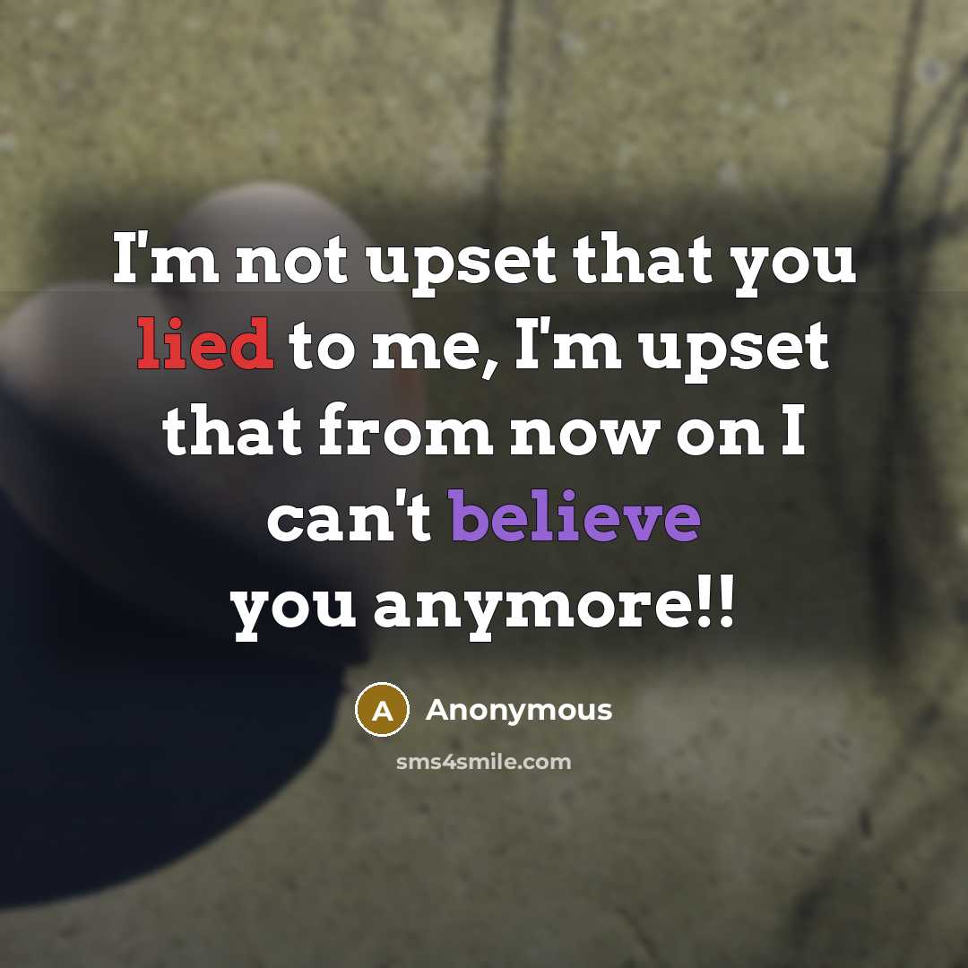 “I'm not upset that you lied to me, I'm upset that from now on I can't believe you anymore!!” quote by Anonymous