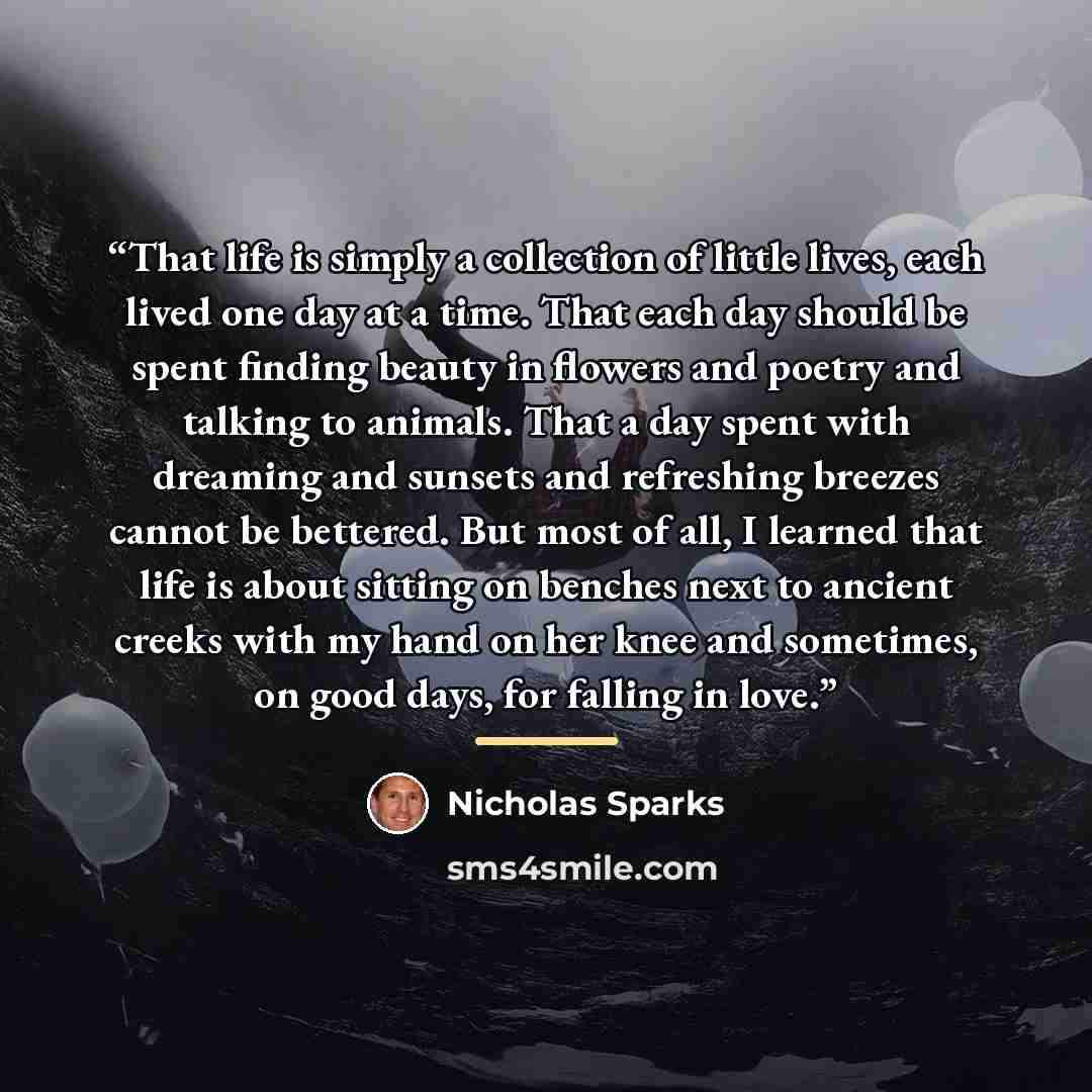 “That life is simply a collection of little lives, each lived one day at a time. That each day should be spent finding beauty in flowers and poetry and talking to animals. That a day spent with dreaming and sunsets and refreshing breezes cannot be bettered. But most of all, I learned that life is…” quote by Nicholas Sparks