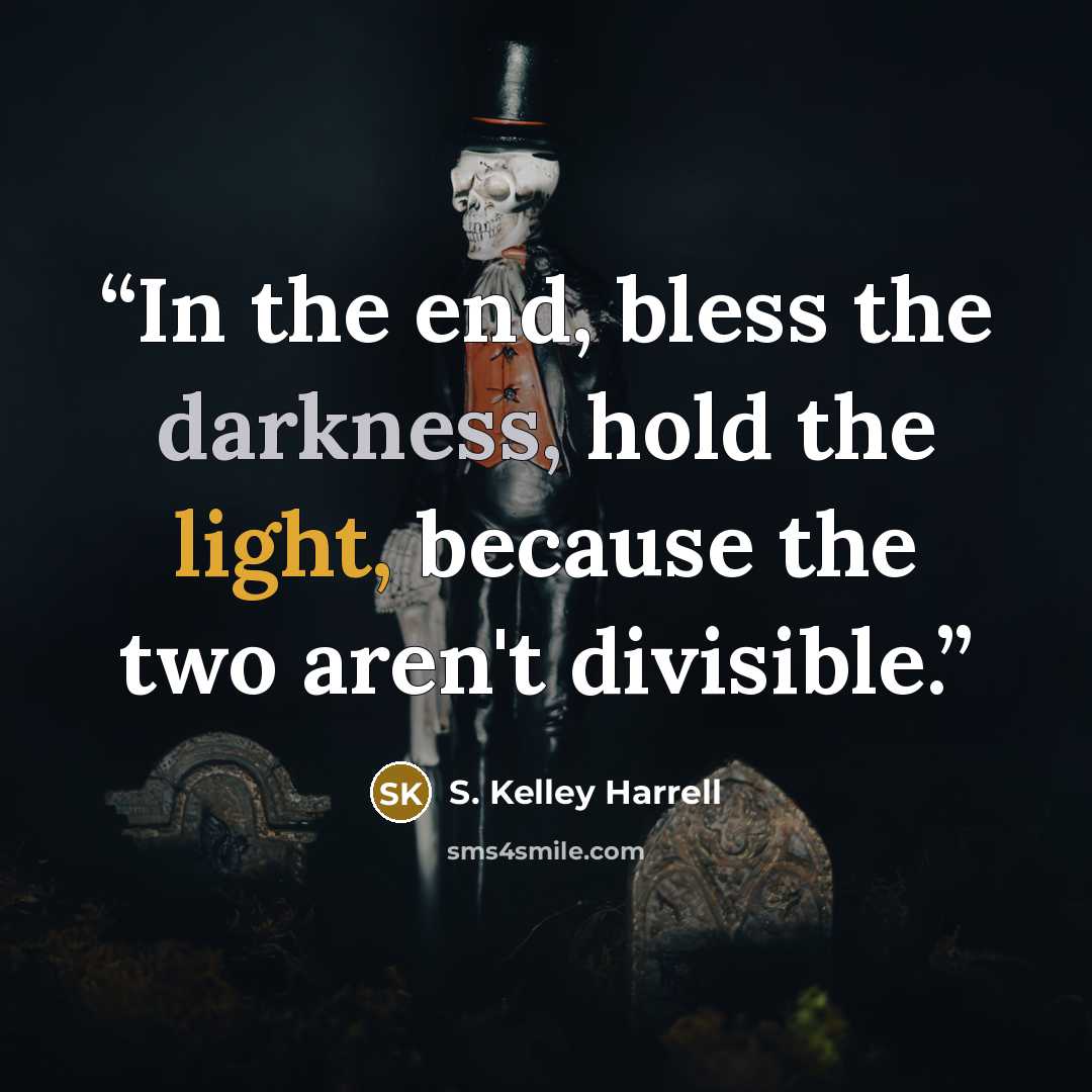 “In the end, bless the darkness, hold the light, because the two aren't divisible.” quote by S. Kelley Harrell