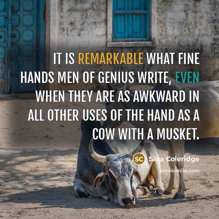 “It is remarkable what fine hands men of genius write, even when they are as awkward in all other uses of the hand as a cow with a musket.” quote by Sara Coleridge