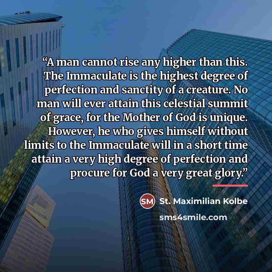 “A man cannot rise any higher than this. The Immaculate is the highest degree of perfection and sanctity of a creature. No man will ever attain this celestial summit of grace, for the Mother of God is unique. However, he who gives himself without limits to the Immaculate will in a short time attain…” quote by St. Maximilian Kolbe