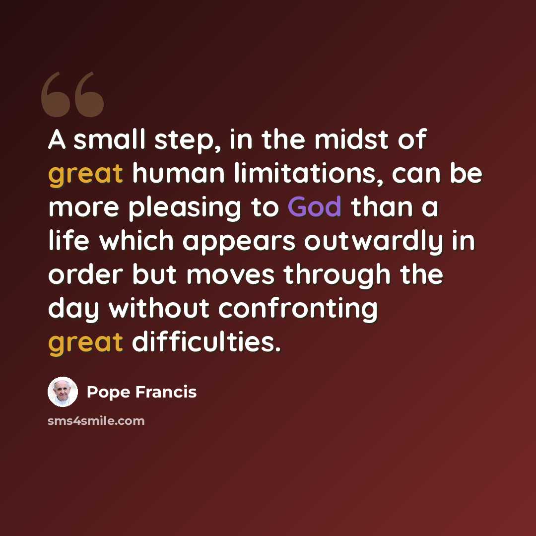 “A small step, in the midst of great human limitations, can be more pleasing to God than a life which appears outwardly in order but moves through the day without confronting great difficulties.” quote by Pope Francis