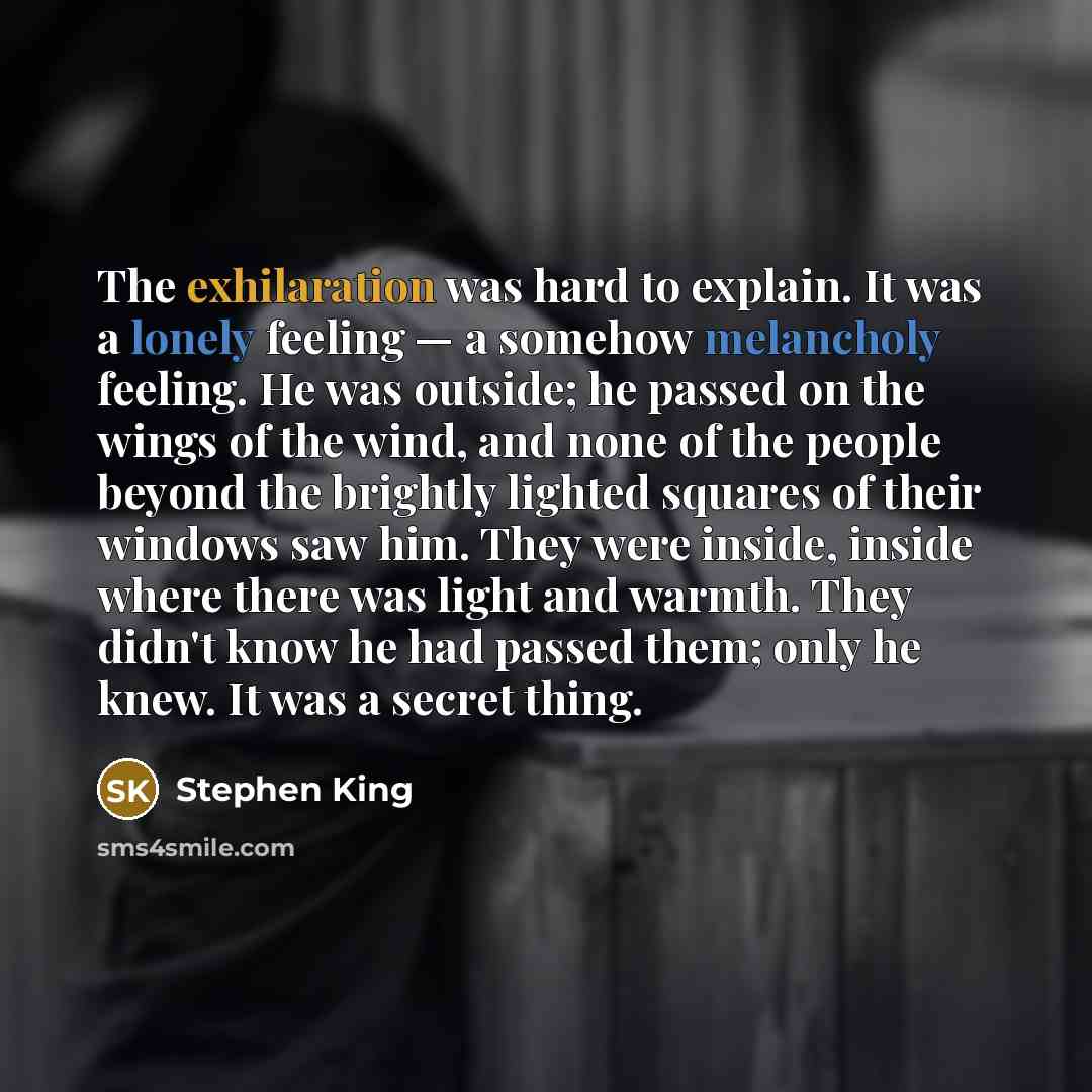 “The exhilaration was hard to explain. It was a lonely feeling — a somehow melancholy feeling. He was outside; he passed on the wings of the wind, and none of the people beyond the brightly lighted squares of their windows saw him. They were inside, inside where there was light and warmth. They…” quote by Stephen King