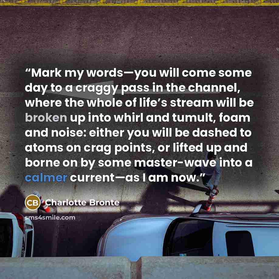 “Mark my words—you will come some day to a craggy pass in the channel, where the whole of life’s stream will be broken up into whirl and tumult, foam and noise: either you will be dashed to atoms on crag points, or lifted up and borne on by some master-wave into a calmer current—as I am now.” quote by Charlotte Brontë