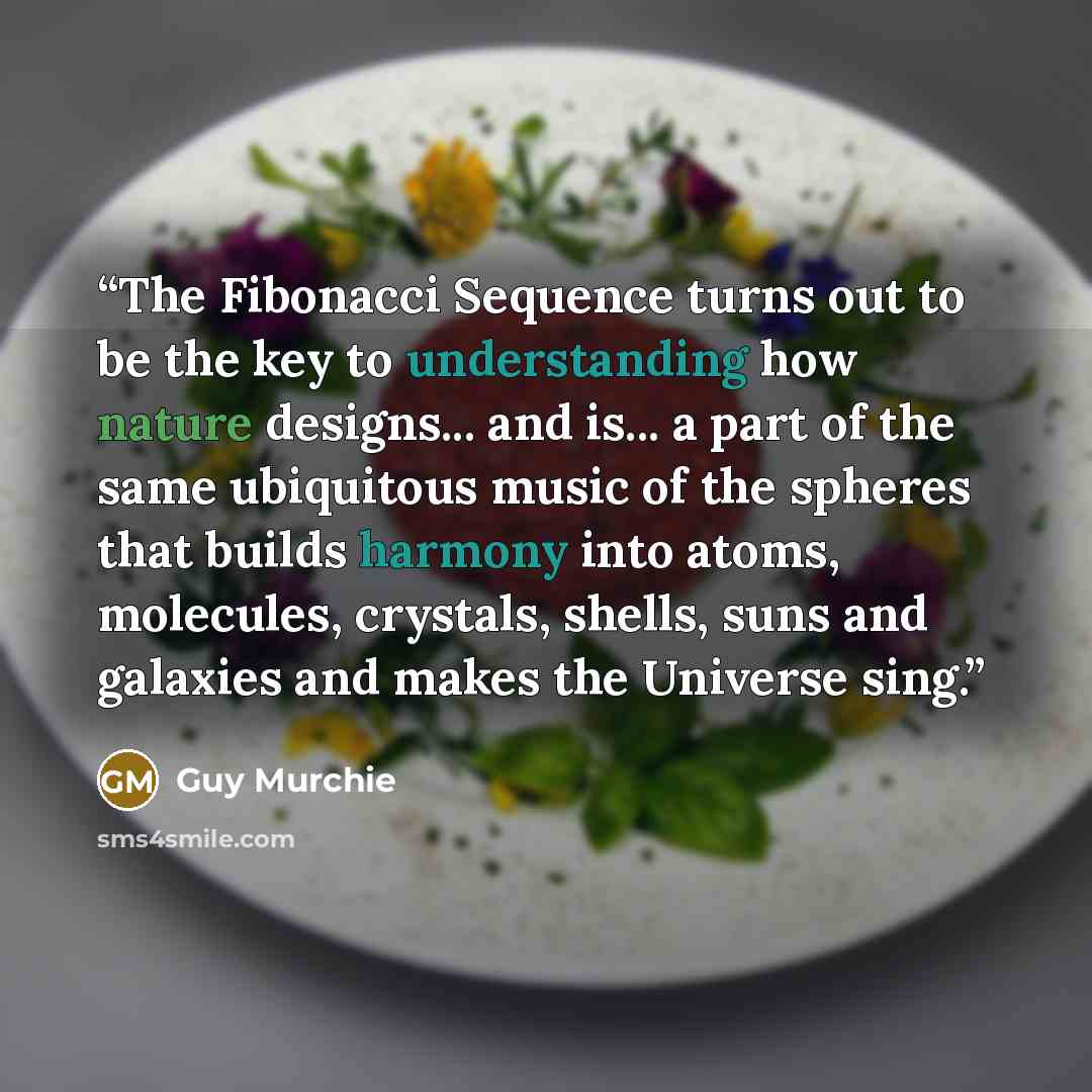 “The Fibonacci Sequence turns out to be the key to understanding how nature designs... and is... a part of the same ubiquitous music of the spheres that builds harmony into atoms, molecules, crystals, shells, suns and galaxies and makes the Universe sing.” quote by Guy Murchie