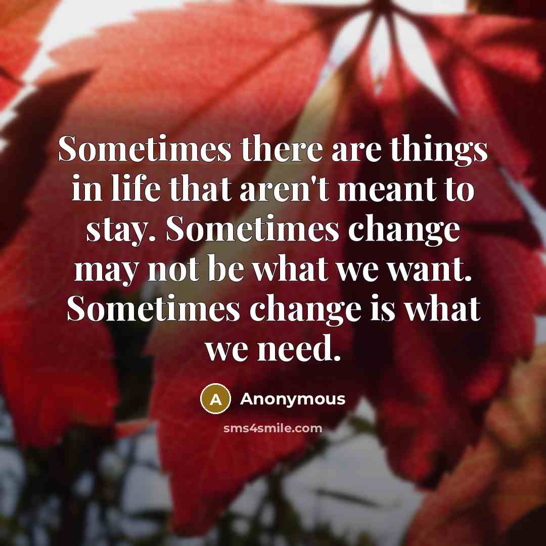 “Sometimes there are things in life that aren't meant to stay. Sometimes change may not be what we want. Sometimes change is what we need.” quote by Anonymous