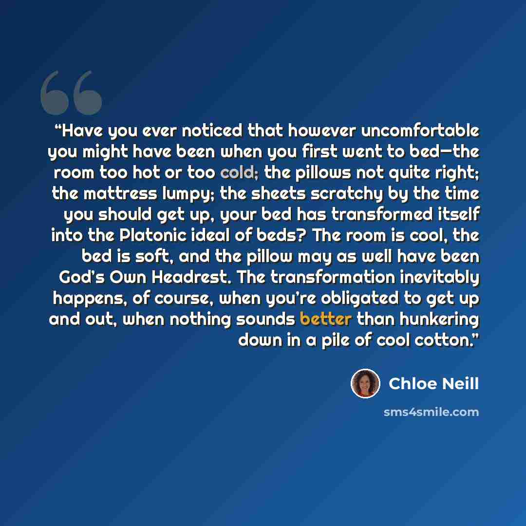 “Have you ever noticed that however uncomfortable you might have been when you first went to bed—the room too hot or too cold; the pillows not quite right; the mattress lumpy; the sheets scratchy by the time you should get up, your bed has transformed itself into the Platonic ideal of beds? The…” quote by Chloe Neill