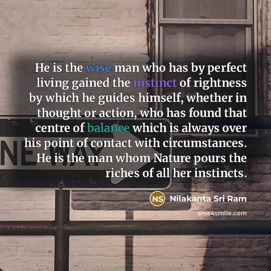 “He is the wise man who has by perfect living gained the instinct of rightness by which he guides himself, whether in thought or action, who has found that centre of balance which is always over his point of contact with circumstances. He is the man whom Nature pours the riches of all her instincts.” quote by Nilakanta Sri Ram