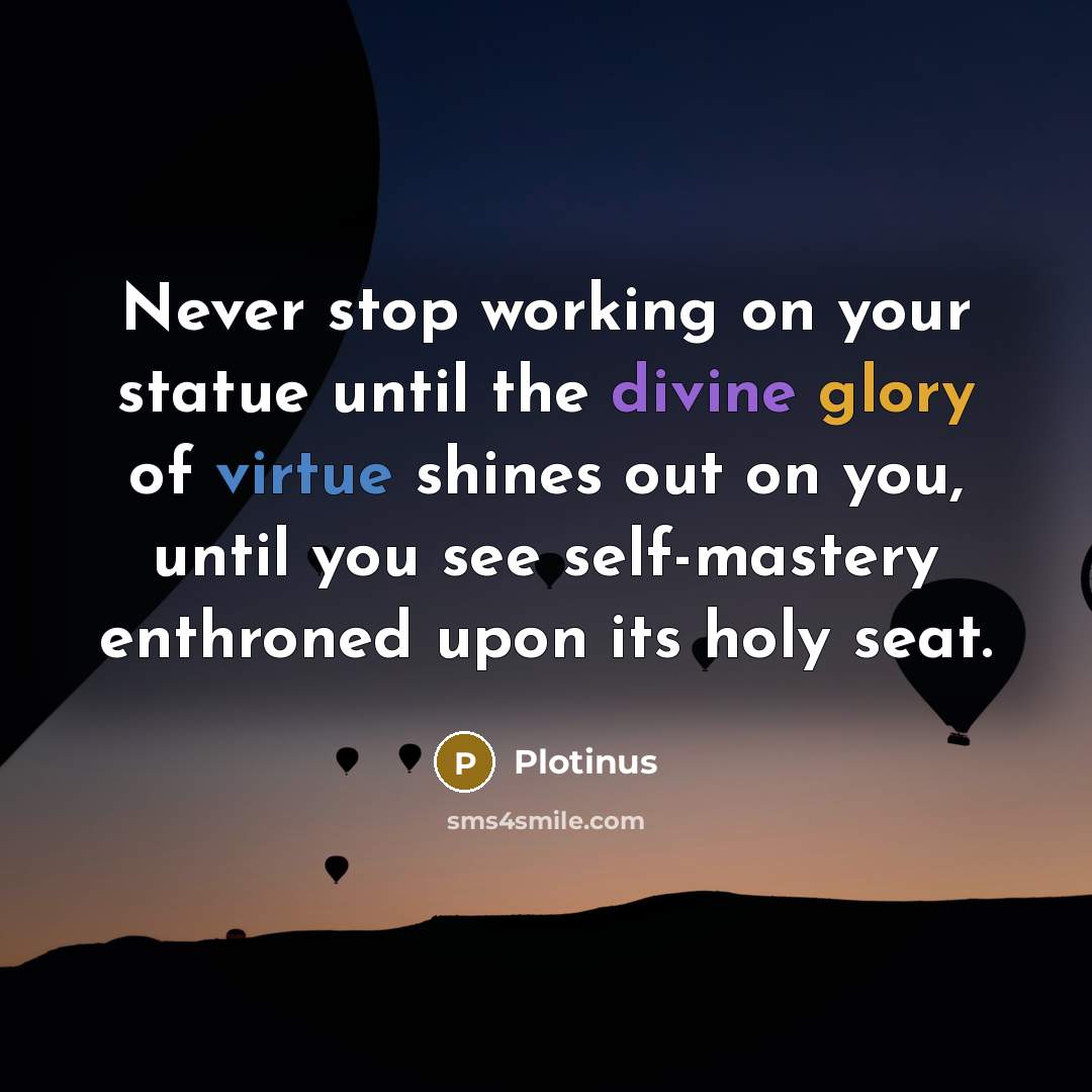 “Never stop working on your statue until the divine glory of virtue shines out on you, until you see self-mastery enthroned upon its holy seat.” quote by Plotinus