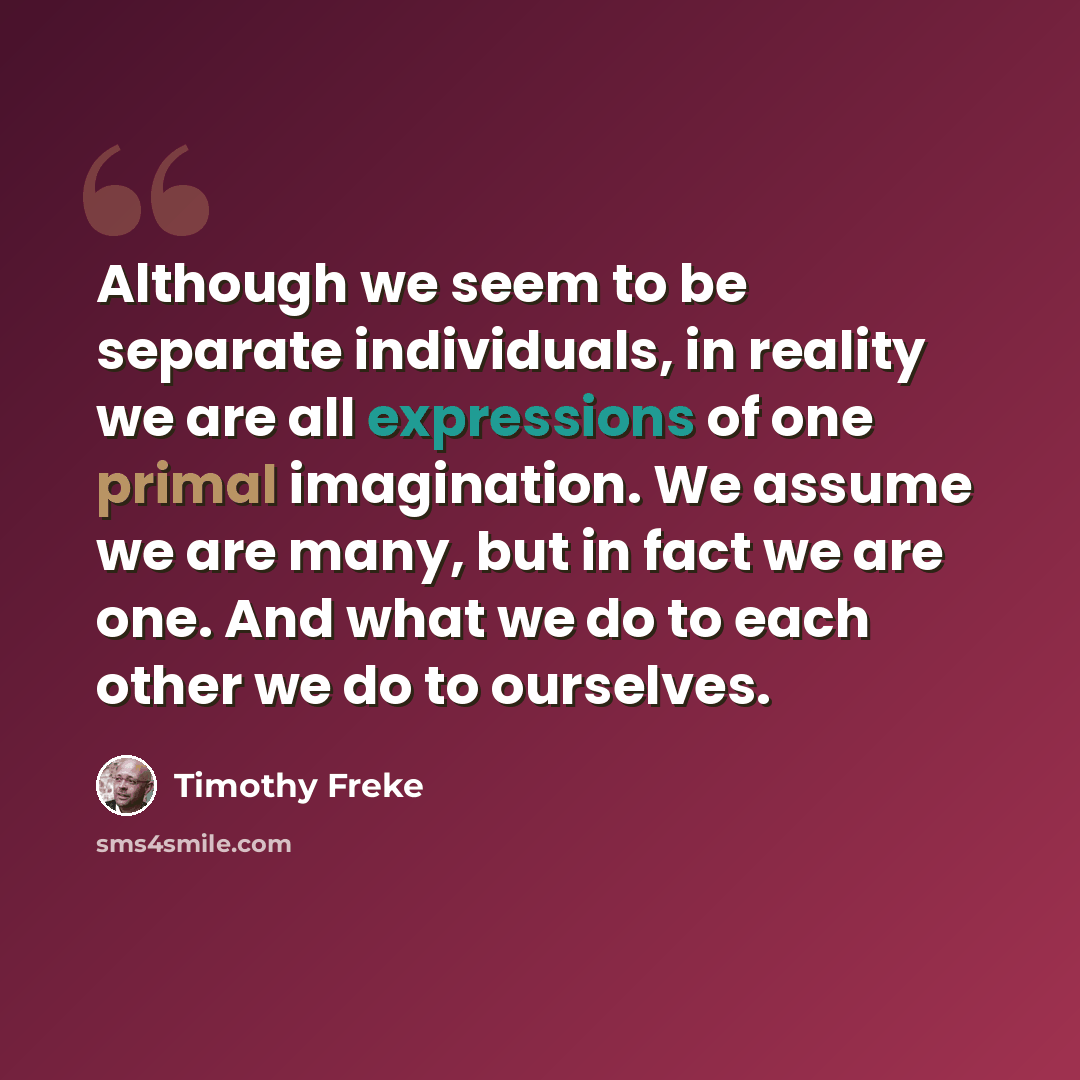 “Although we seem to be separate individuals, in reality we are all expressions of one primal imagination. We assume we are many, but in fact we are one. And what we do to each other we do to ourselves.” quote by Timothy Freke