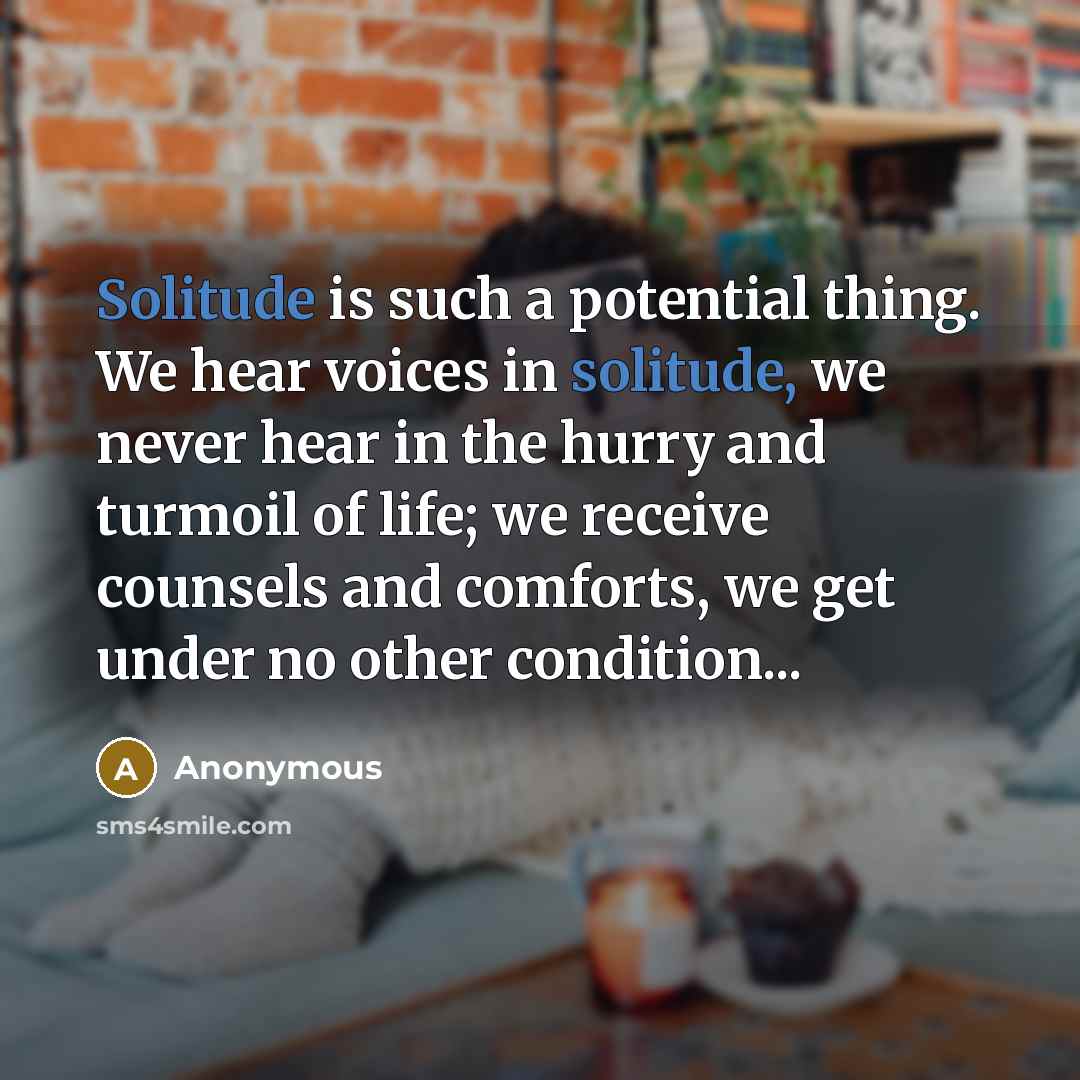 “Solitude is such a potential thing. We hear voices in solitude, we never hear in the hurry and turmoil of life; we receive counsels and comforts, we get under no other condition...” quote by Anonymous