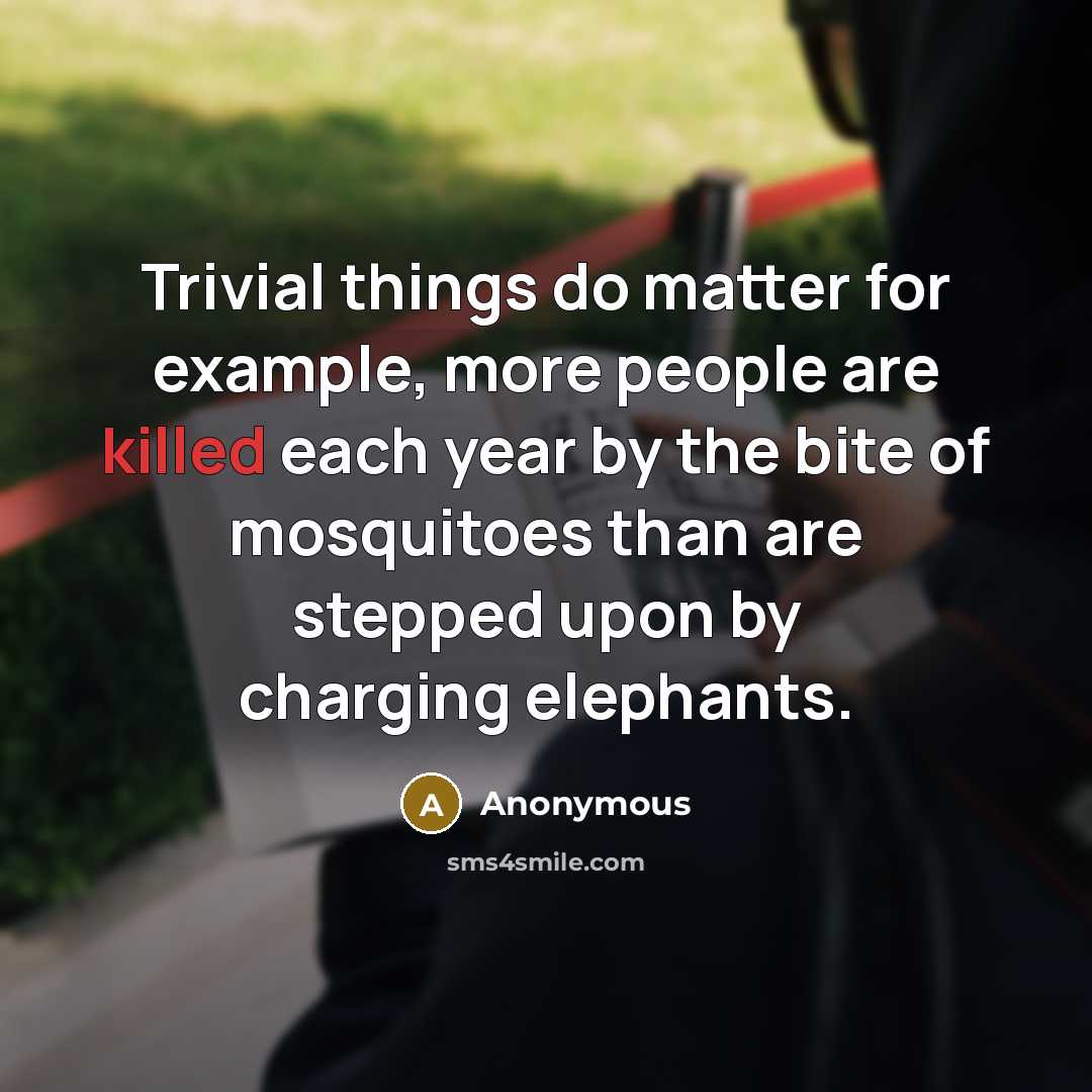 “Trivial things do matter for example, more people are killed each year by the bite of mosquitoes than are stepped upon by charging elephants.” quote by Anonymous