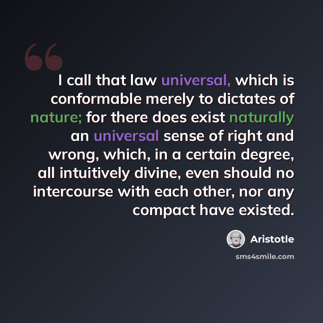 “I call that law universal, which is conformable merely to dictates of nature; for there does exist naturally an universal sense of right and wrong, which, in a certain degree, all intuitively divine, even should no intercourse with each other, nor any compact have existed.” quote by Aristotle