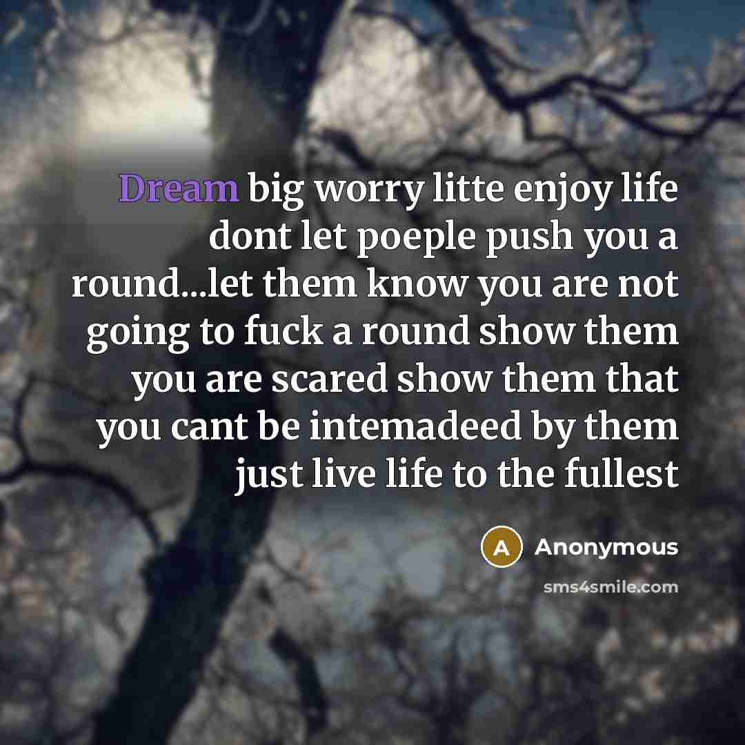 “Dream big worry litte enjoy life dont let poeple push you a round...let them know you are not going to fuck a round show them you are scared show them that you cant be intemadeed by them just live life to the fullest” quote by Anonymous