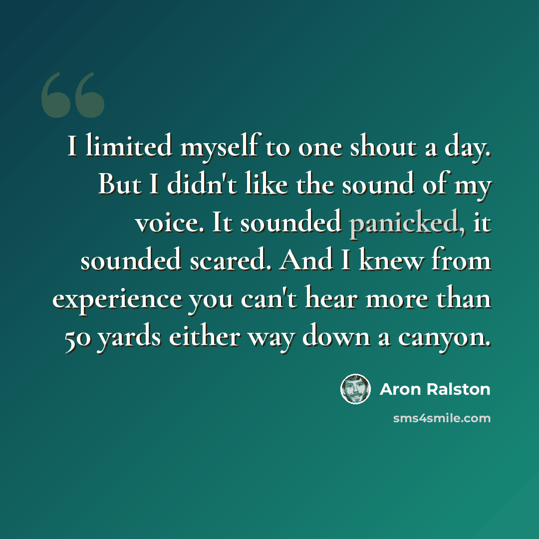 “I limited myself to one shout a day. But I didn't like the sound of my voice. It sounded panicked, it sounded scared. And I knew from experience you can't hear more than 50 yards either way down a canyon.” quote by Aron Ralston