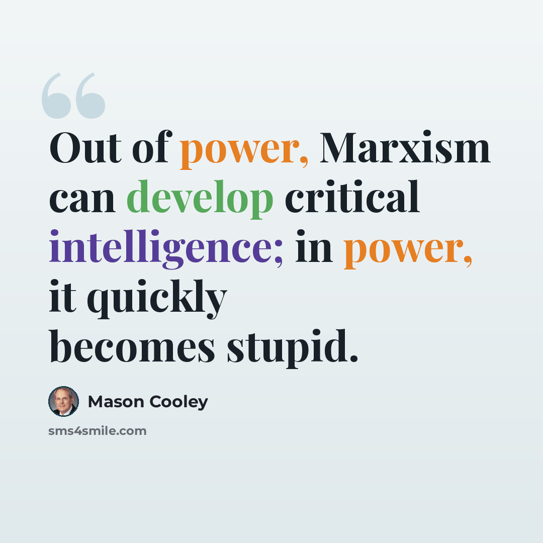 “Out of power, Marxism can develop critical intelligence; in power, it quickly becomes stupid.” quote by Mason Cooley
