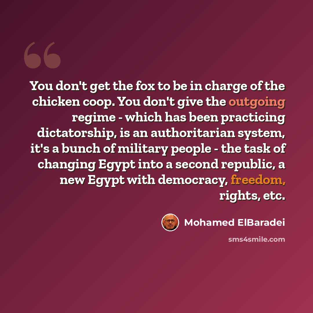“You don't get the fox to be in charge of the chicken coop. You don't give the outgoing regime - which has been practicing dictatorship, is an authoritarian system, it's a bunch of military people - the task of changing Egypt into a second republic, a new Egypt with democracy, freedom, rights, etc.” quote by Mohamed ElBaradei