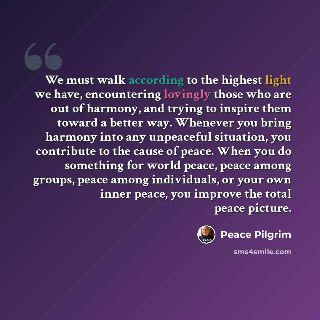 “We must walk according to the highest light we have, encountering lovingly those who are out of harmony, and trying to inspire them toward a better way. Whenever you bring harmony into any unpeaceful situation, you contribute to the cause of peace. When you do something for world peace, peace…” quote by Peace Pilgrim