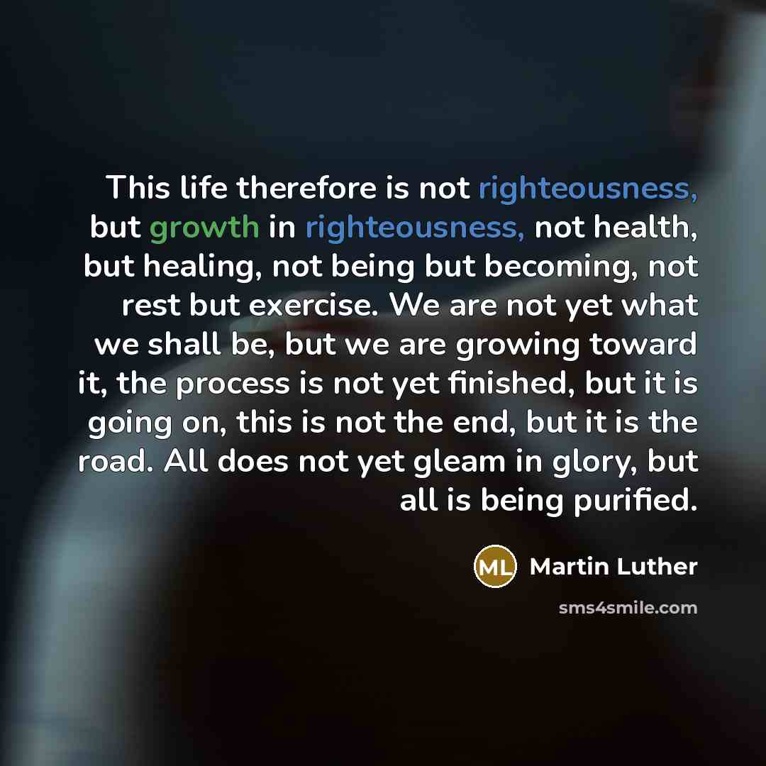 “This life therefore is not righteousness, but growth in righteousness, not health, but healing, not being but becoming, not rest but exercise. We are not yet what we shall be, but we are growing toward it, the process is not yet finished, but it is going on, this is not the end, but it is the…” quote by Martin Luther