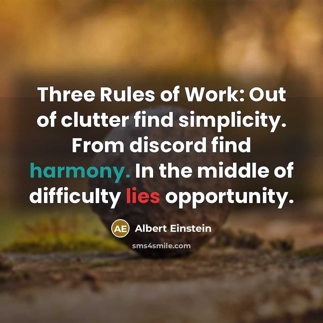 “Three Rules of Work: Out of clutter find simplicity. From discord find harmony. In the middle of difficulty lies opportunity.” quote by Albert Einstein