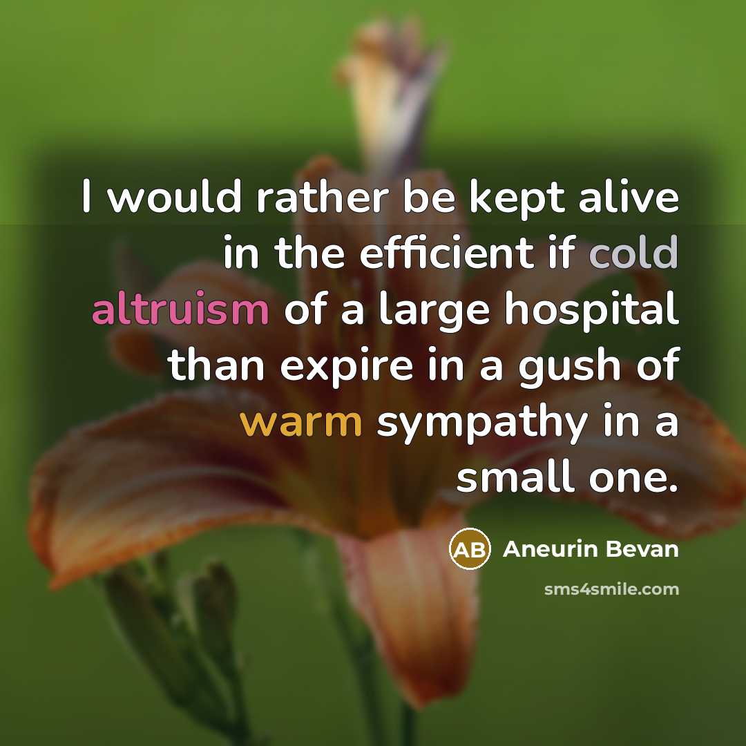 “I would rather be kept alive in the efficient if cold altruism of a large hospital than expire in a gush of warm sympathy in a small one.” quote by Aneurin Bevan