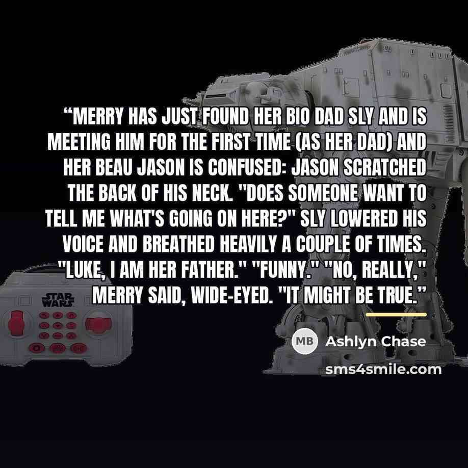 “Merry has just found her bio dad Sly and is meeting him for the first time (as her dad) and her beau Jason is confused: Jason scratched the back of his neck. "Does someone want to tell me what's going on here?" Sly lowered his voice and breathed heavily a couple of times. "Luke, I am her father."…” quote by Ashlyn Chase