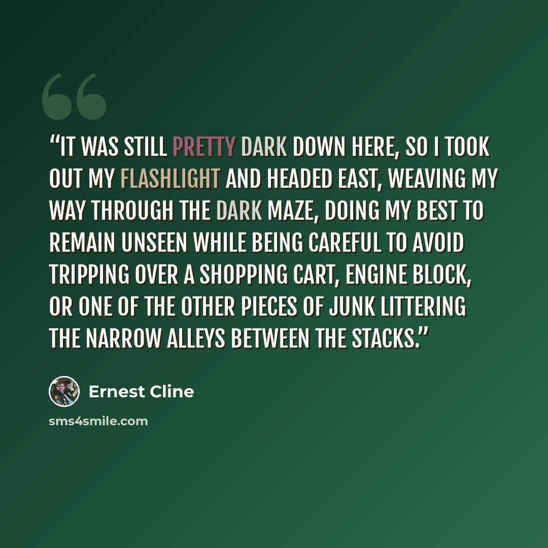 “It was still pretty dark down here, so I took out my flashlight and headed east, weaving my way through the dark maze, doing my best to remain unseen while being careful to avoid tripping over a shopping cart, engine block, or one of the other pieces of junk littering the narrow alleys between the…” quote by Ernest Cline