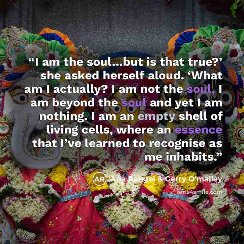 “I am the soul…but is that true?’ she asked herself aloud. ‘What am I actually? I am not the soul, I am beyond the soul and yet I am nothing. I am an empty shell of living cells, where an essence that I’ve learned to recognise as me inhabits.” quote by Ana Rangel & Gerry O'malley