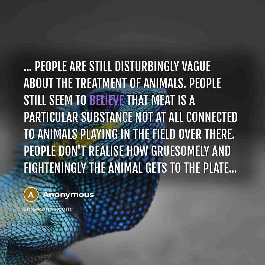“... People are still disturbingly vague about the treatment of animals. People still seem to believe that meat is a particular substance not at all connected to animals playing in the field over there. People don't realise how gruesomely and fighteningly the animal gets to the plate...” quote by Anonymous
