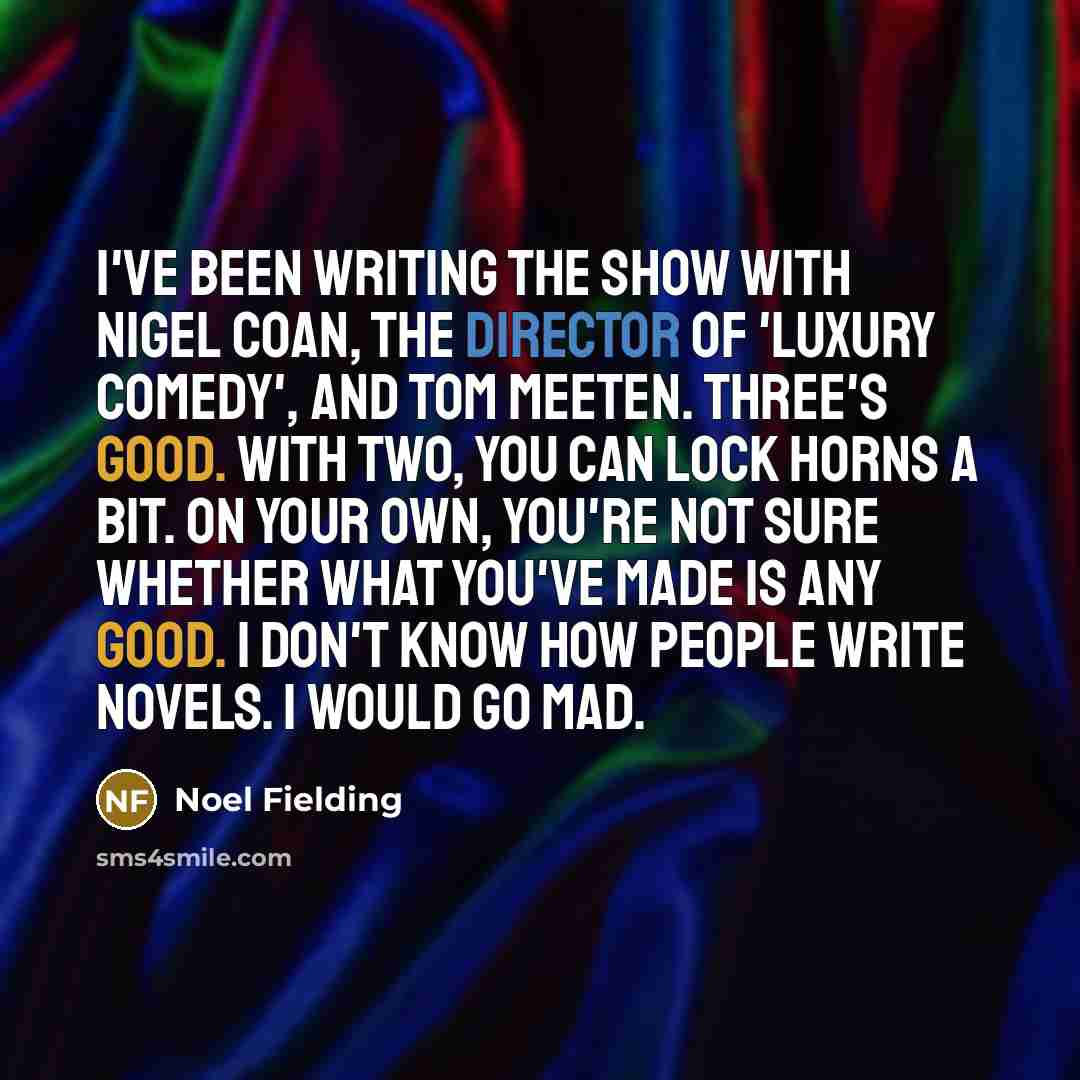 “I've been writing the show with Nigel Coan, the director of 'Luxury Comedy', and Tom Meeten. Three's good. With two, you can lock horns a bit. On your own, you're not sure whether what you've made is any good. I don't know how people write novels. I would go mad.” quote by Noel Fielding