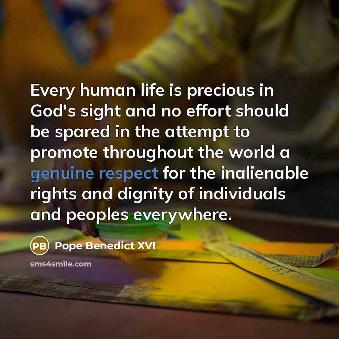 “Every human life is precious in God's sight and no effort should be spared in the attempt to promote throughout the world a genuine respect for the inalienable rights and dignity of individuals and peoples everywhere.” quote by Pope Benedict XVI