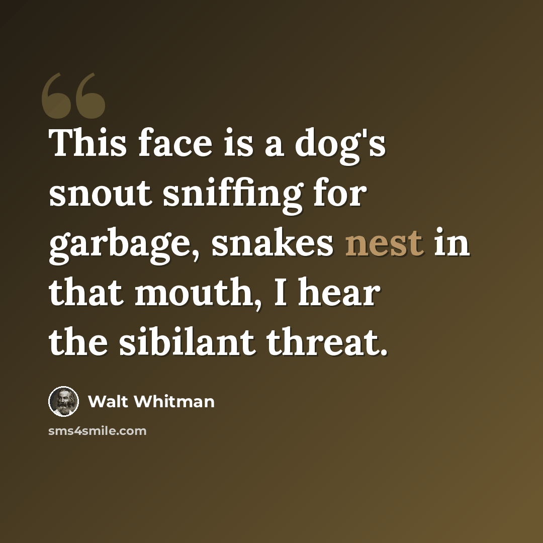 “This face is a dog's snout sniffing for garbage, snakes nest in that mouth, I hear the sibilant threat.” quote by Walt Whitman