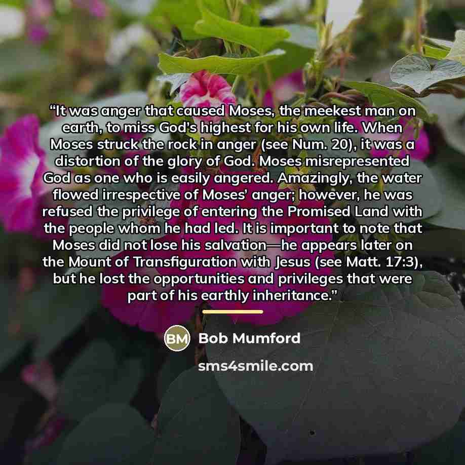 “It was anger that caused Moses, the meekest man on earth, to miss God’s highest for his own life. When Moses struck the rock in anger (see Num. 20), it was a distortion of the glory of God. Moses misrepresented God as one who is easily angered. Amazingly, the water flowed irrespective of Moses’…” quote by Bob Mumford