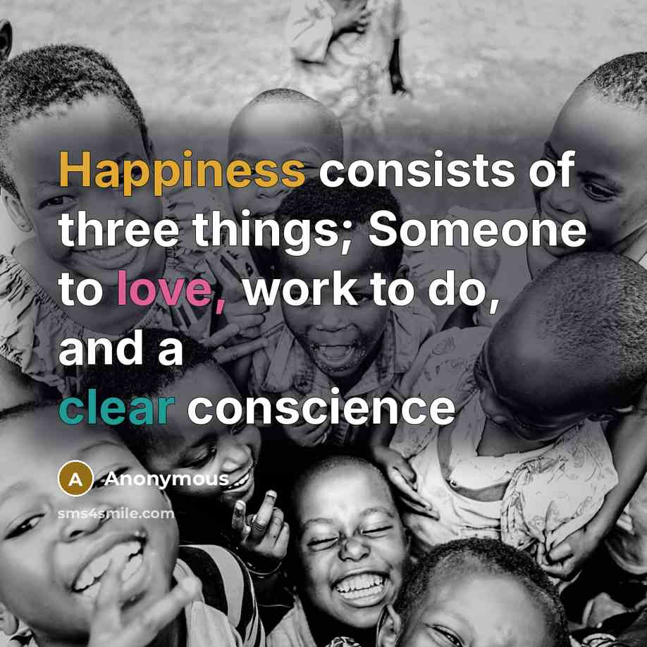 “Happiness consists of three things; Someone to love, work to do, and a clear conscience” quote by Anonymous