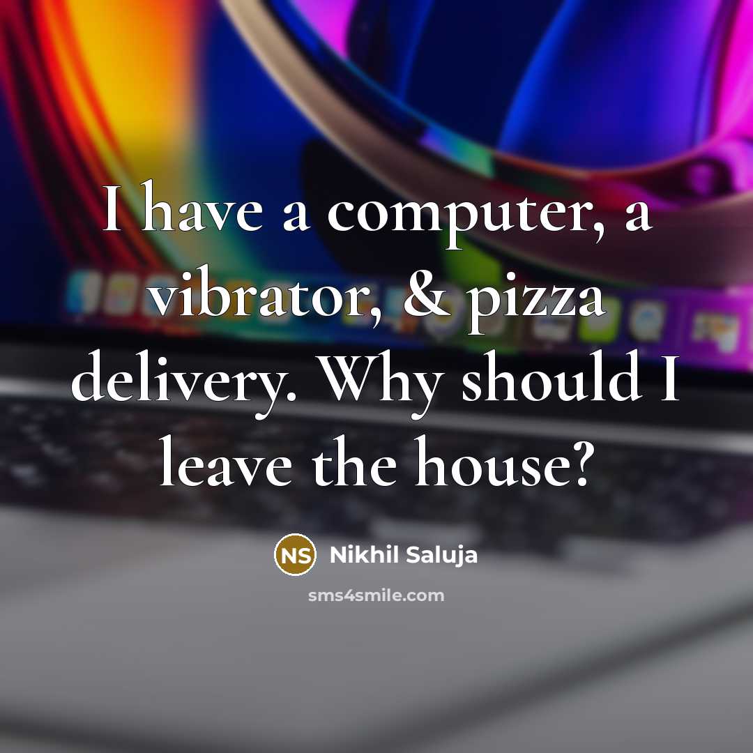 “I have a computer, a vibrator, & pizza delivery. Why should I leave the house?” quote by Nikhil Saluja