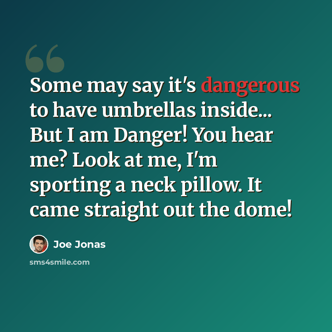 “Some may say it's dangerous to have umbrellas inside... But I am Danger! You hear me? Look at me, I'm sporting a neck pillow. It came straight out the dome!” quote by Joe Jonas
