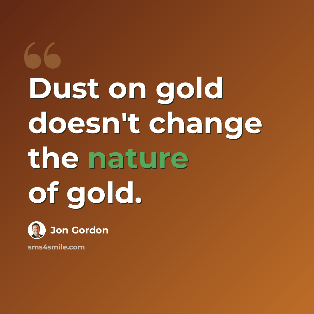 “Dust on gold doesn't change the nature of gold.” quote by Jon Gordon