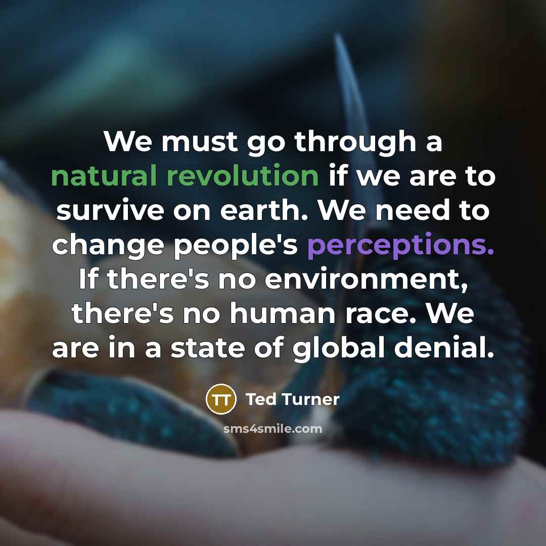 “We must go through a natural revolution if we are to survive on earth. We need to change people's perceptions. If there's no environment, there's no human race. We are in a state of global denial.” quote by Ted Turner
