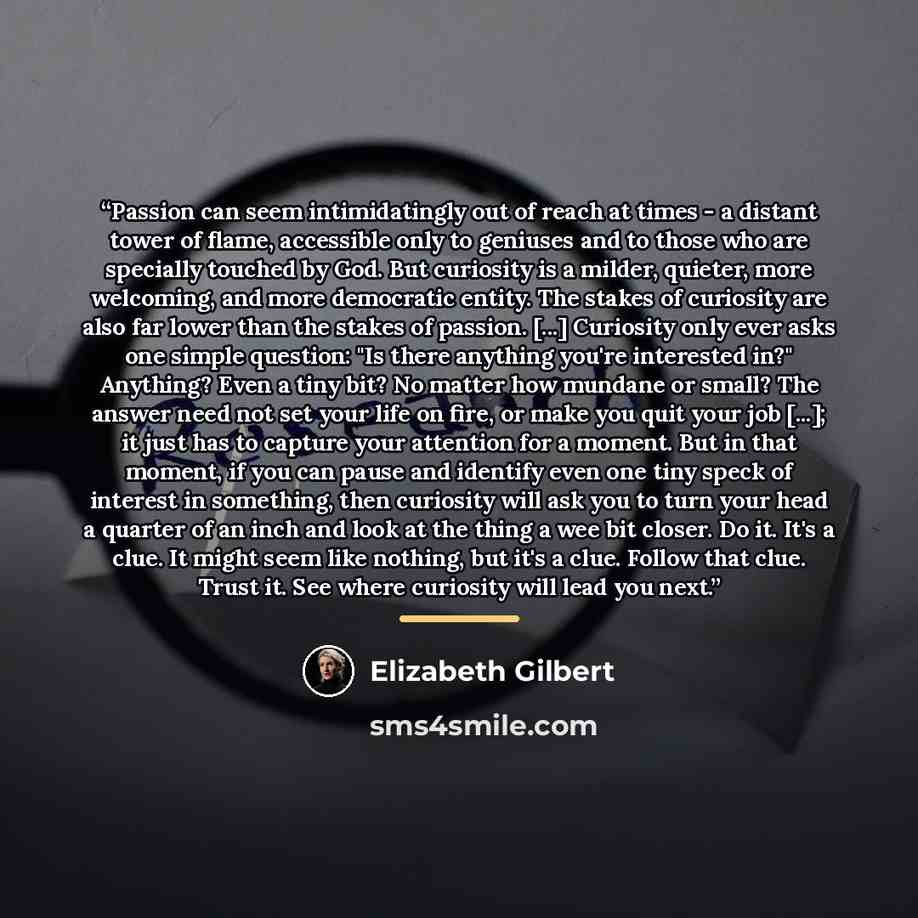 “Passion can seem intimidatingly out of reach at times - a distant tower of flame, accessible only to geniuses and to those who are specially touched by God. But curiosity is a milder, quieter, more welcoming, and more democratic entity. The stakes of curiosity are also far lower than the stakes of…” quote by Elizabeth Gilbert