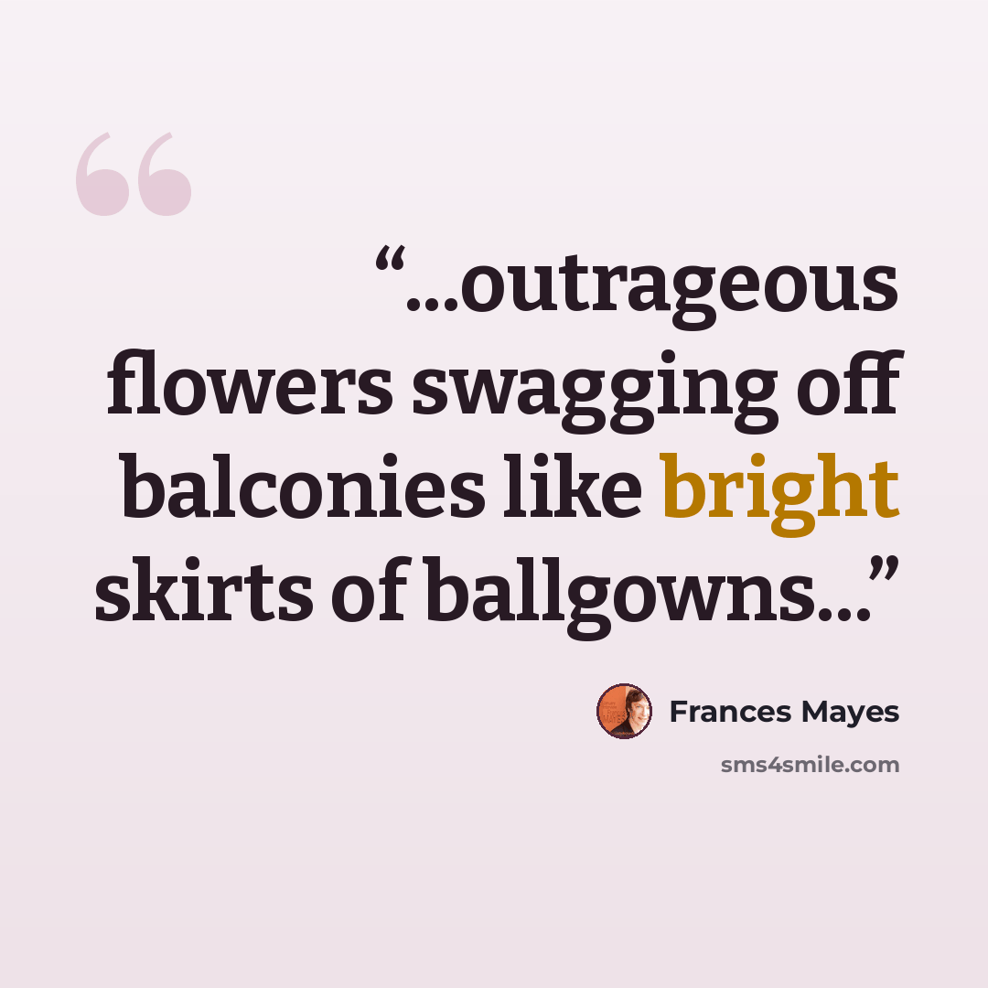“...outrageous flowers swagging off balconies like bright skirts of ballgowns...” quote by Frances Mayes