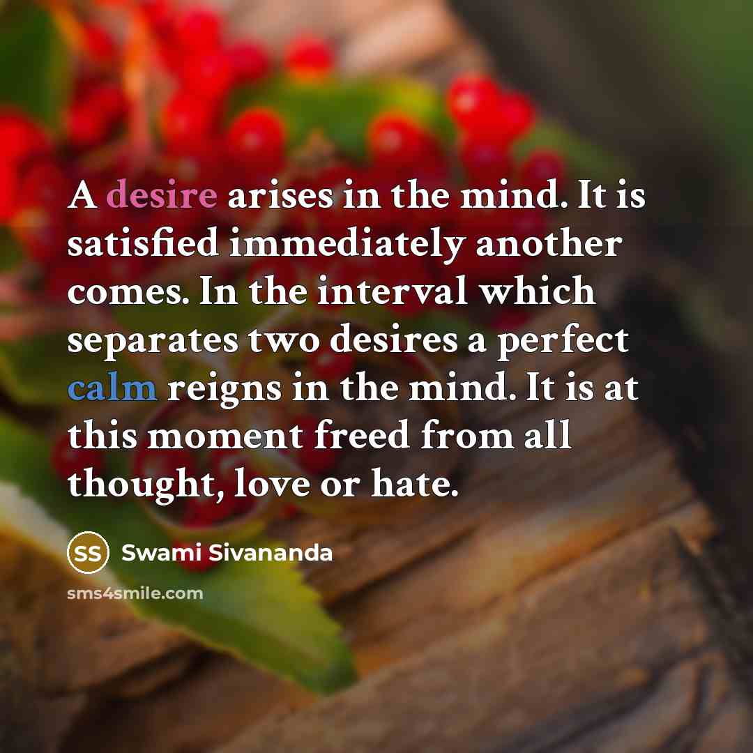 “A desire arises in the mind. It is satisfied immediately another comes. In the interval which separates two desires a perfect calm reigns in the mind. It is at this moment freed from all thought, love or hate.” quote by Swami Sivananda
