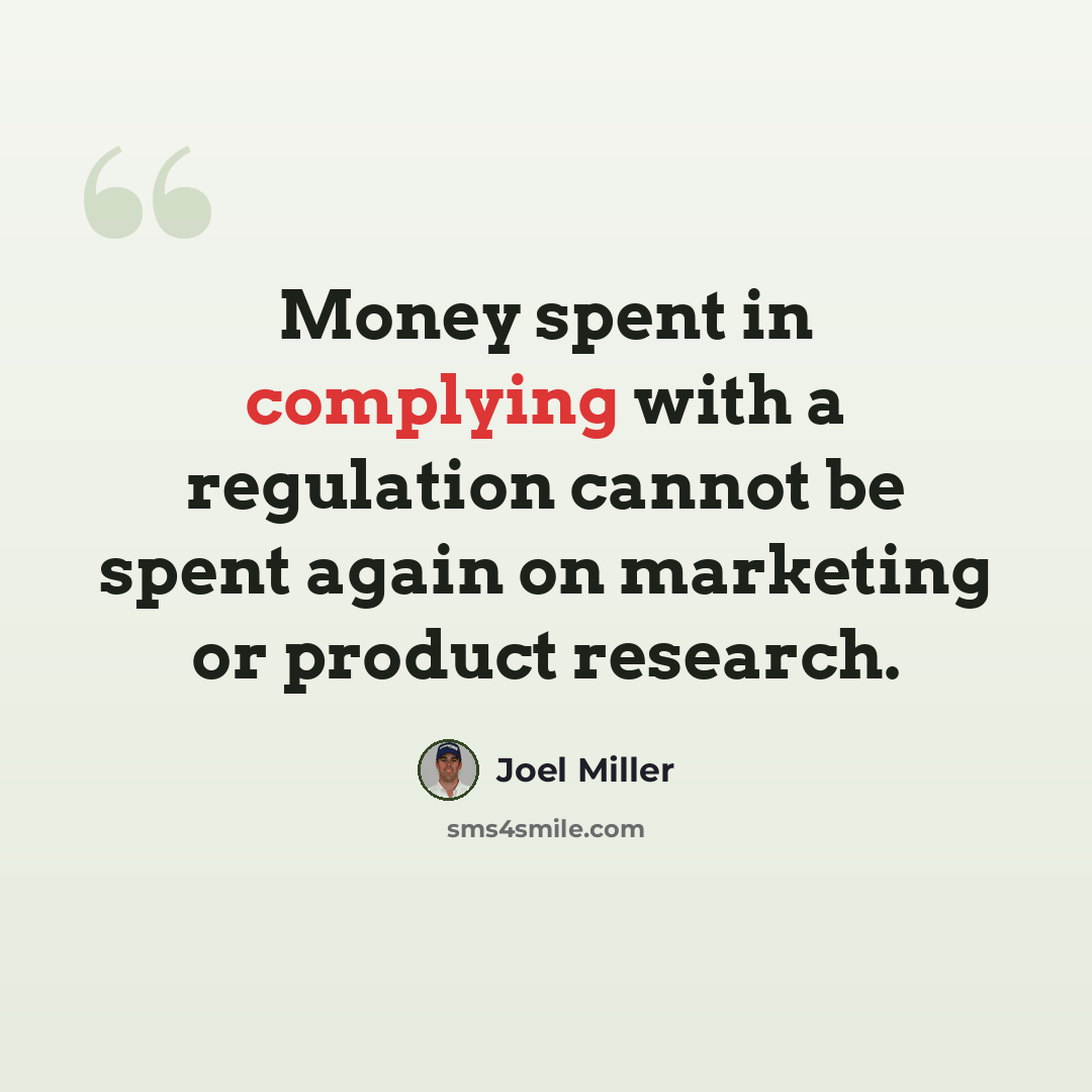 “Money spent in complying with a regulation cannot be spent again on marketing or product research.” quote by Joel Miller