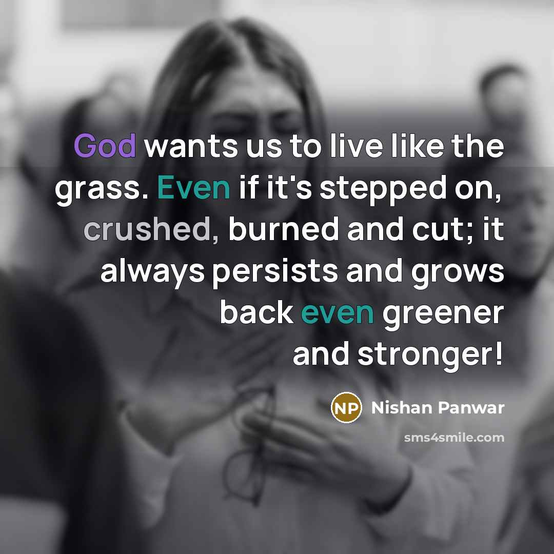 “God wants us to live like the grass. Even if it's stepped on, crushed, burned and cut; it always persists and grows back even greener and stronger!” quote by Nishan Panwar