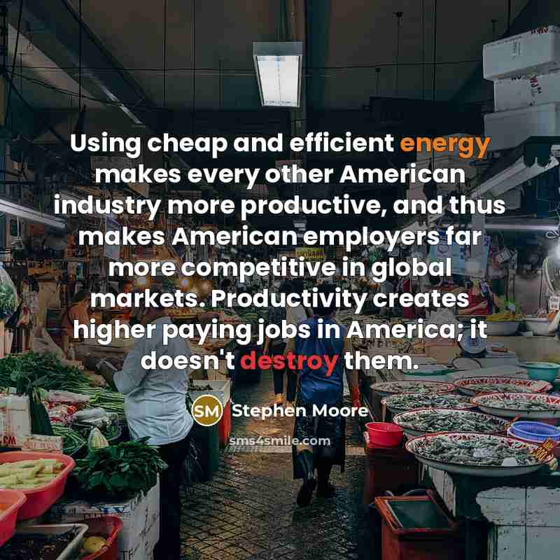 “Using cheap and efficient energy makes every other American industry more productive, and thus makes American employers far more competitive in global markets. Productivity creates higher paying jobs in America; it doesn't destroy them.” quote by Stephen Moore